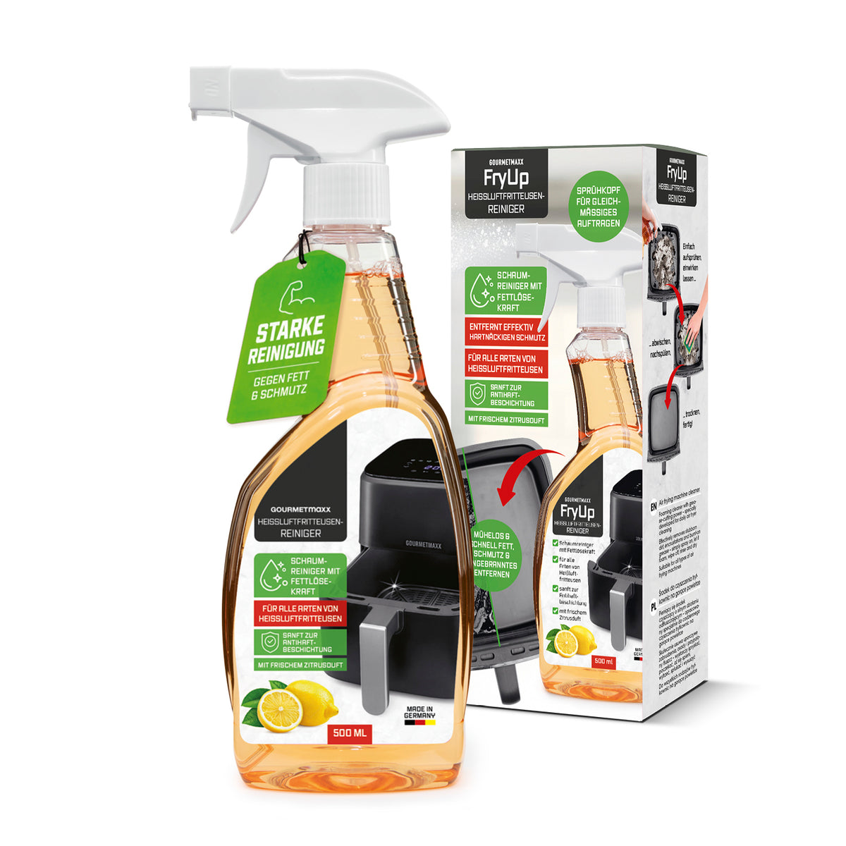 FryUp Heißluftfritteusen-Reiniger - 500 ml zur kraftvollen Entfernung von Fett und Schmutz in Heißluftfritteusen.