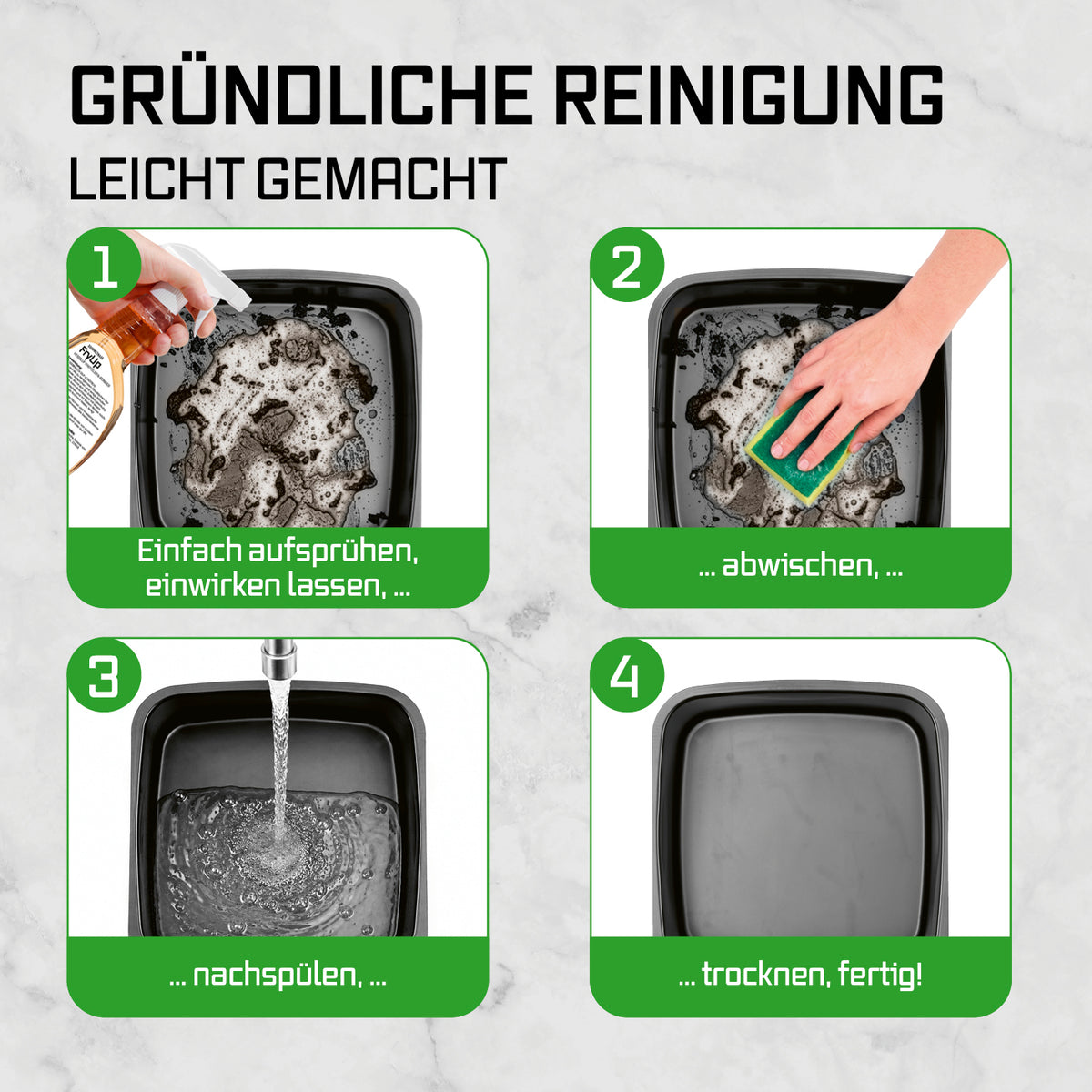 FryUp Heißluftfritteusen-Reiniger - 500 ml zeigt vier Schritte zur einfachen Reinigung von Fritteusenkorb mit Sprühen, Abwischen, Nachspülen und Trocknen.