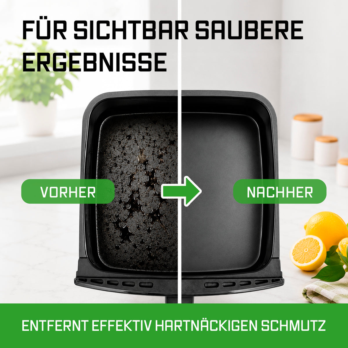 FryUp Heißluftfritteusen-Reiniger - 500 ml entfernt mühelos eingebrannte Rückstände für sichtbar saubere Frittiergeräte in kurzer Zeit.