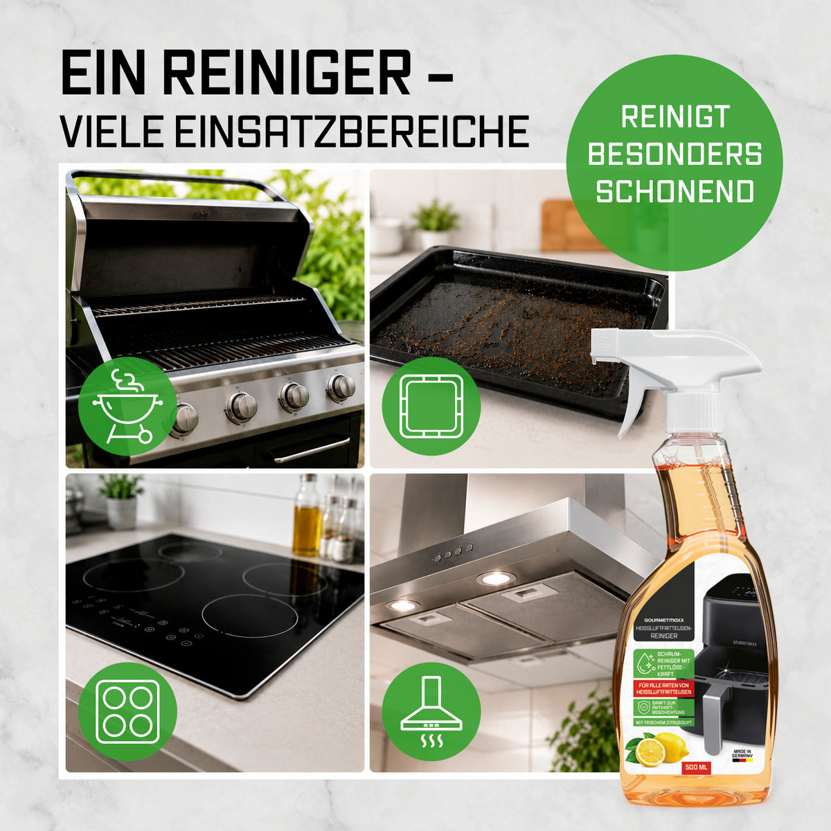 FryUp Heißluftfritteusen-Reiniger - 500 ml mit vielseitiger Anwendung für schonende Reinigung von Grill, Backblech, Ceranfeld und Dunstabzugshaube.