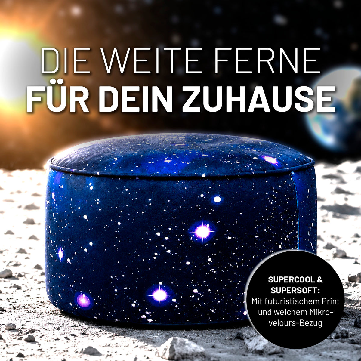 Sitzsack Pouf Galaxy mit galaxieinspiriertem Print, weich gepolstert und ideal als gemütliche Sitz- oder Fußgelegenheit.
