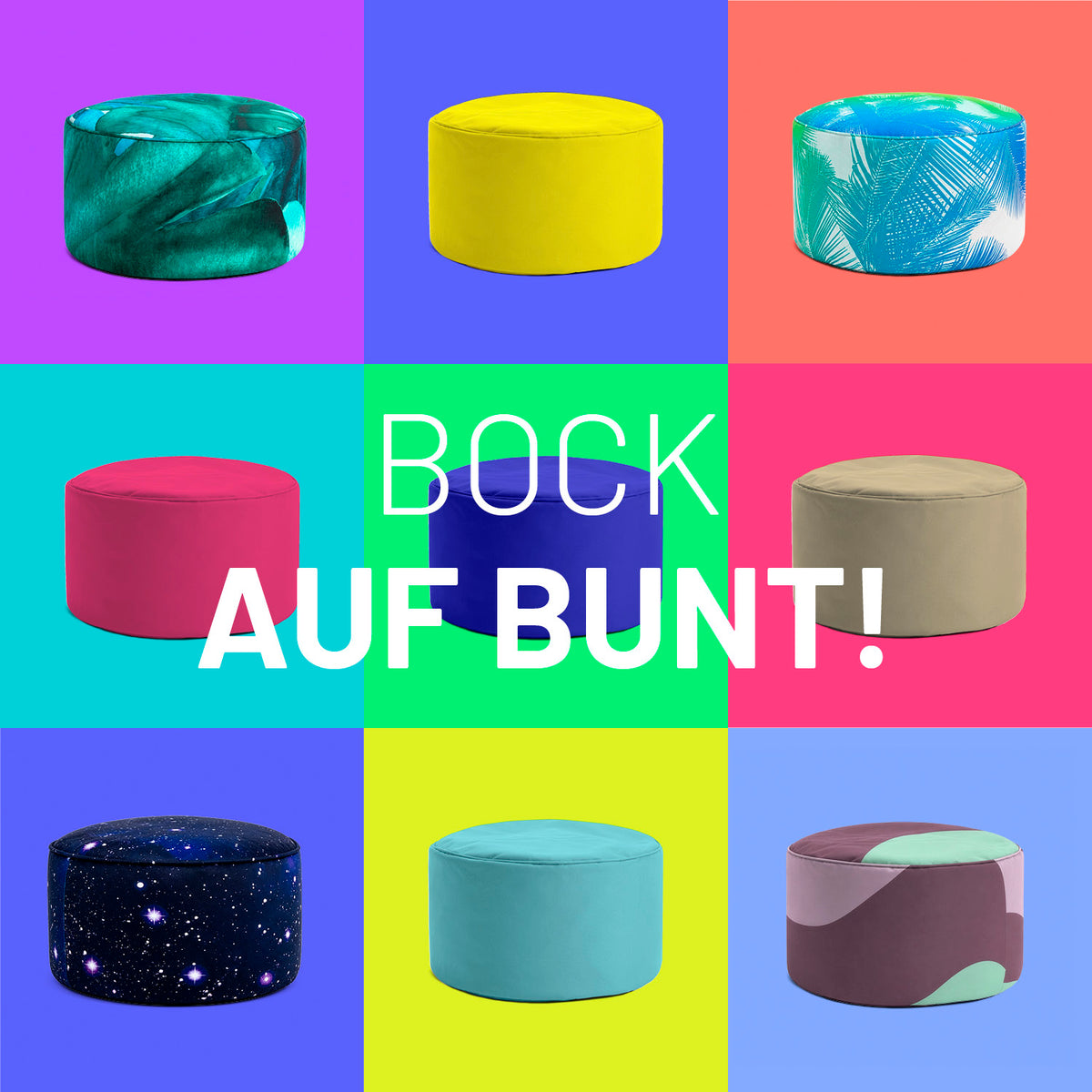 Sitzsack Pouf Galaxy in verschiedenen bunten Mustern und Farben, vielseitig nutzbar als Sitzgelegenheit oder Fußablage.