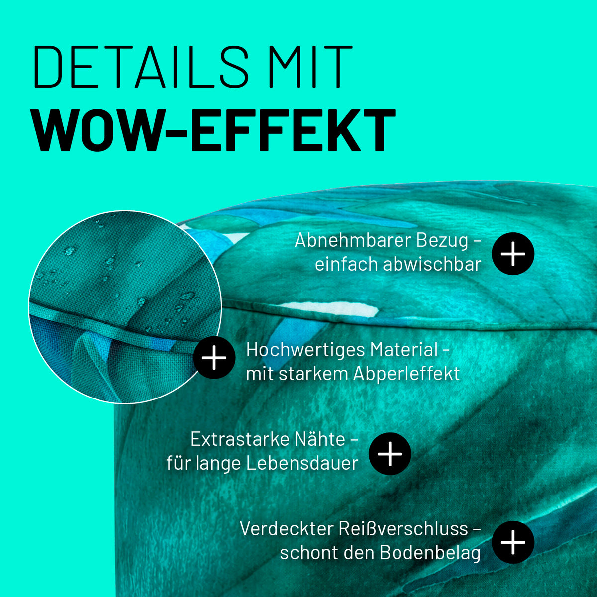 Sitzsack Pouf Botanical mit abnehmbarem, wasserabweisendem Bezug, robusten Nähten und verdecktem Reißverschluss für langanhaltende Nutzung.