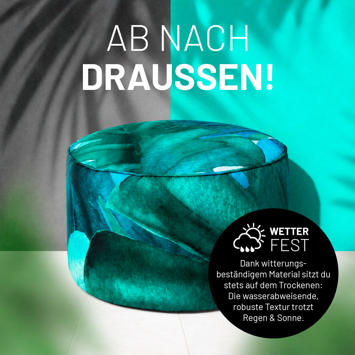 Sitzsack Pouf Botanical mit wasserabweisendem, wetterfestem Material und grünem Blattdesign, ideal für den Einsatz im Freien.