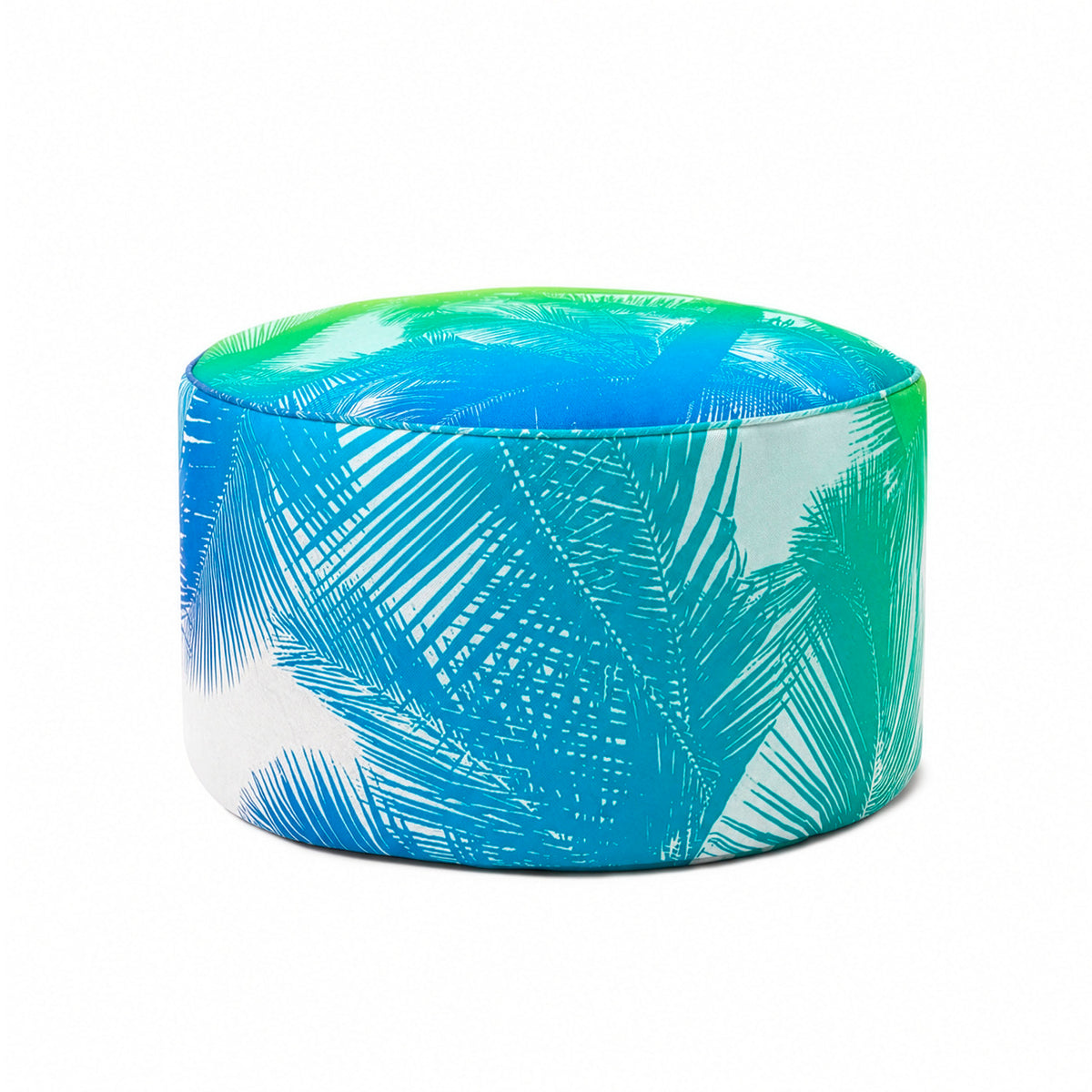 Sitzsack Pouf Tropical mit rundem Design und tropischem Blattmuster in Blau- und Grüntönen für eine entspannte Ambiente.