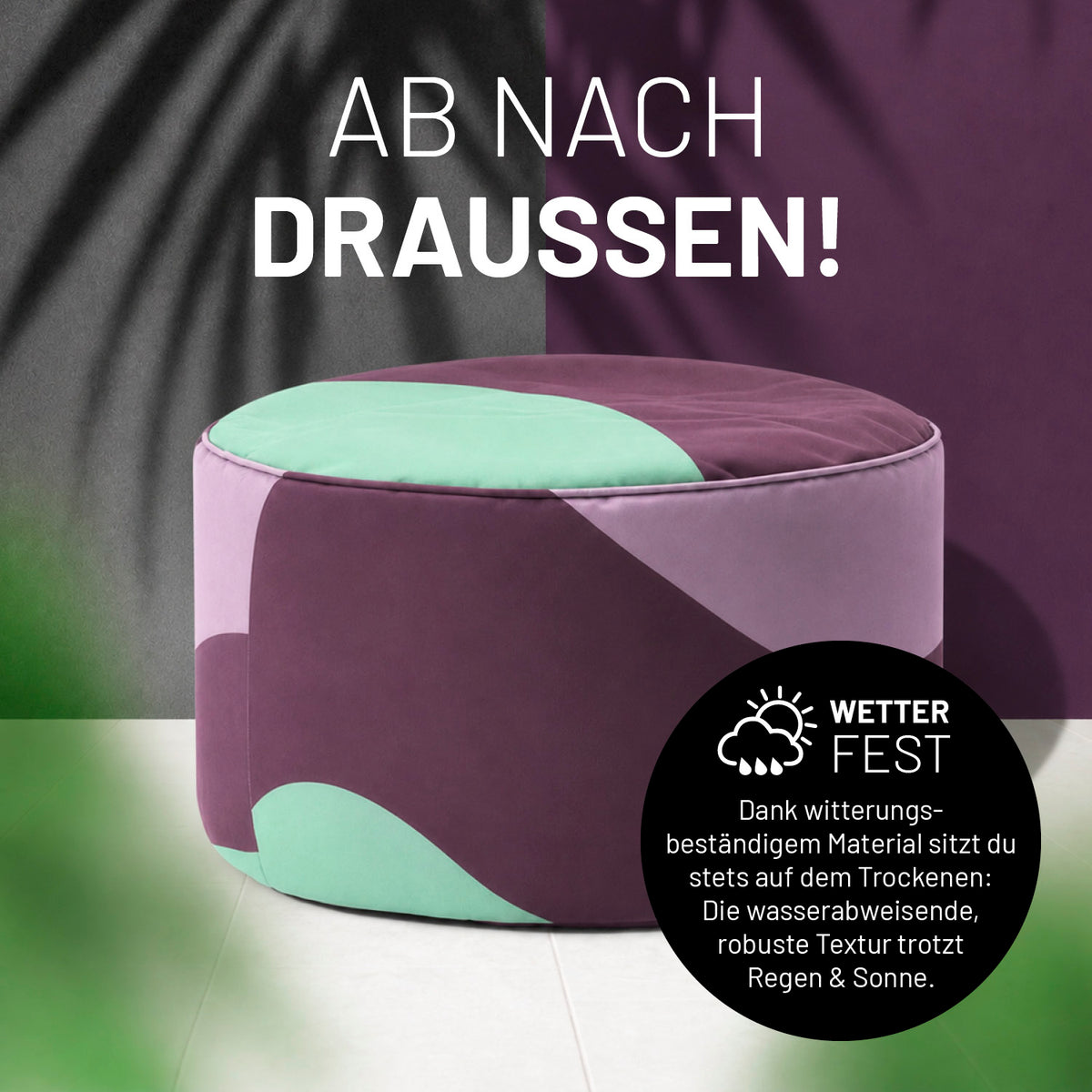 Sitzsack Pouf Wave mit wetterfestem, farbenfrohem Design, wasserabweisend und robust für komfortable Sitzgelegenheiten im Freien.