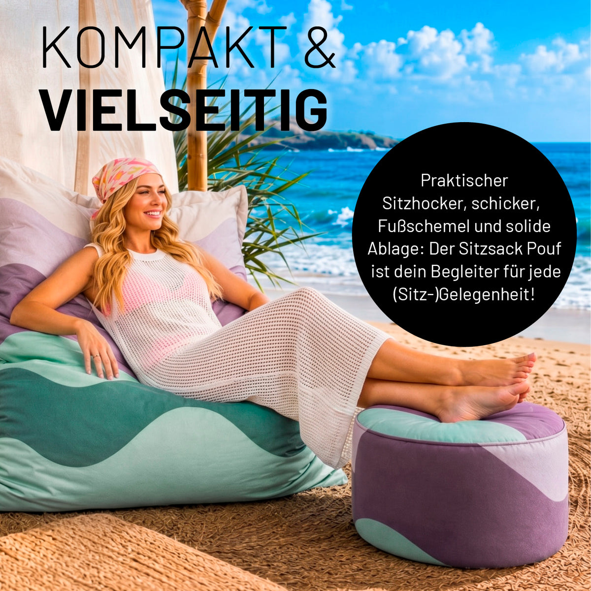Sitzsack Pouf Wave mit kompakter Form in modernen Pastelltönen, vielseitig als Sitzhocker, Fußablage oder Beistelltisch nutzbar.