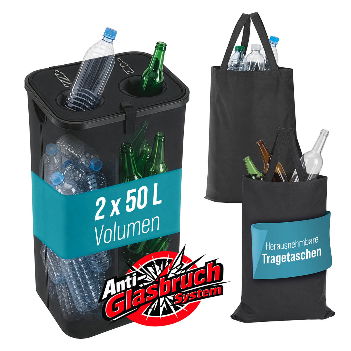 2in1 Glas- & Pfandflaschen-Sammelbehälter mit zwei 50-Liter-Fächern und herausnehmbaren Tragetaschen für Glasflaschen