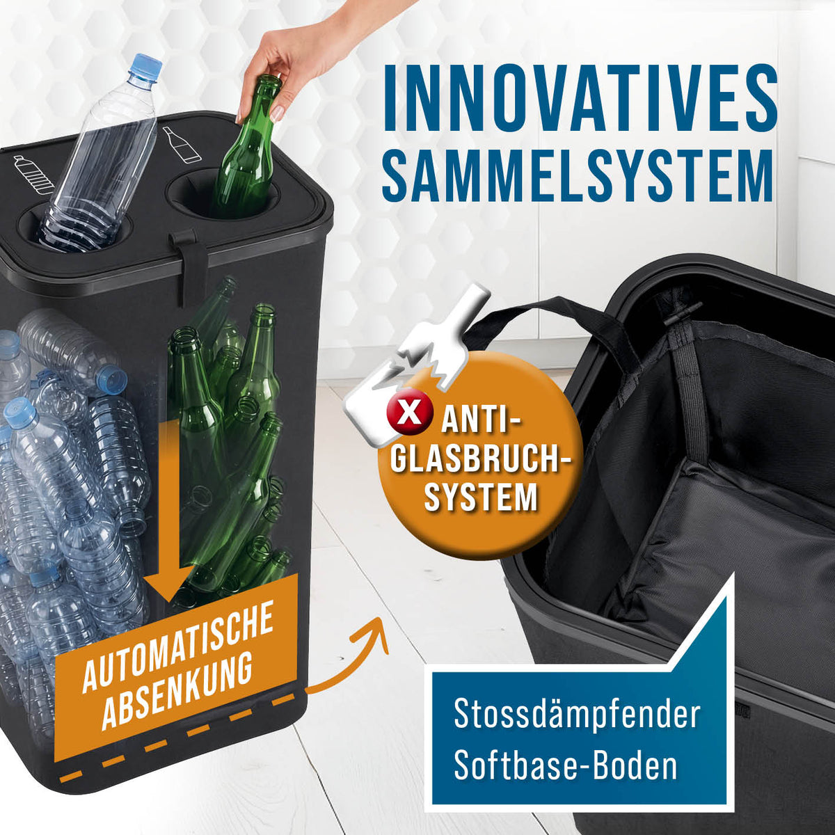 2in1 Glas- & Pfandflaschen-Sammelbehälter mit automatischer Absenkung, Anti-Glasbruch-System und stoßdämpfendem Softbase-Boden
