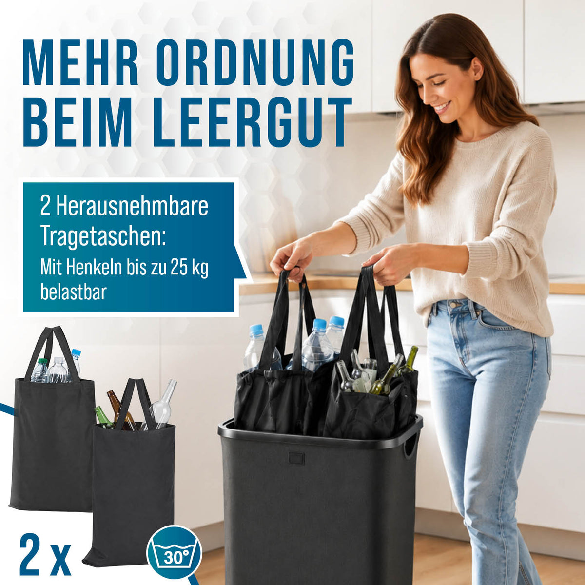 2in1 Glas- & Pfandflaschen-Sammelbehälter mit zwei herausnehmbaren Tragetaschen und bis zu 25 kg Traglast