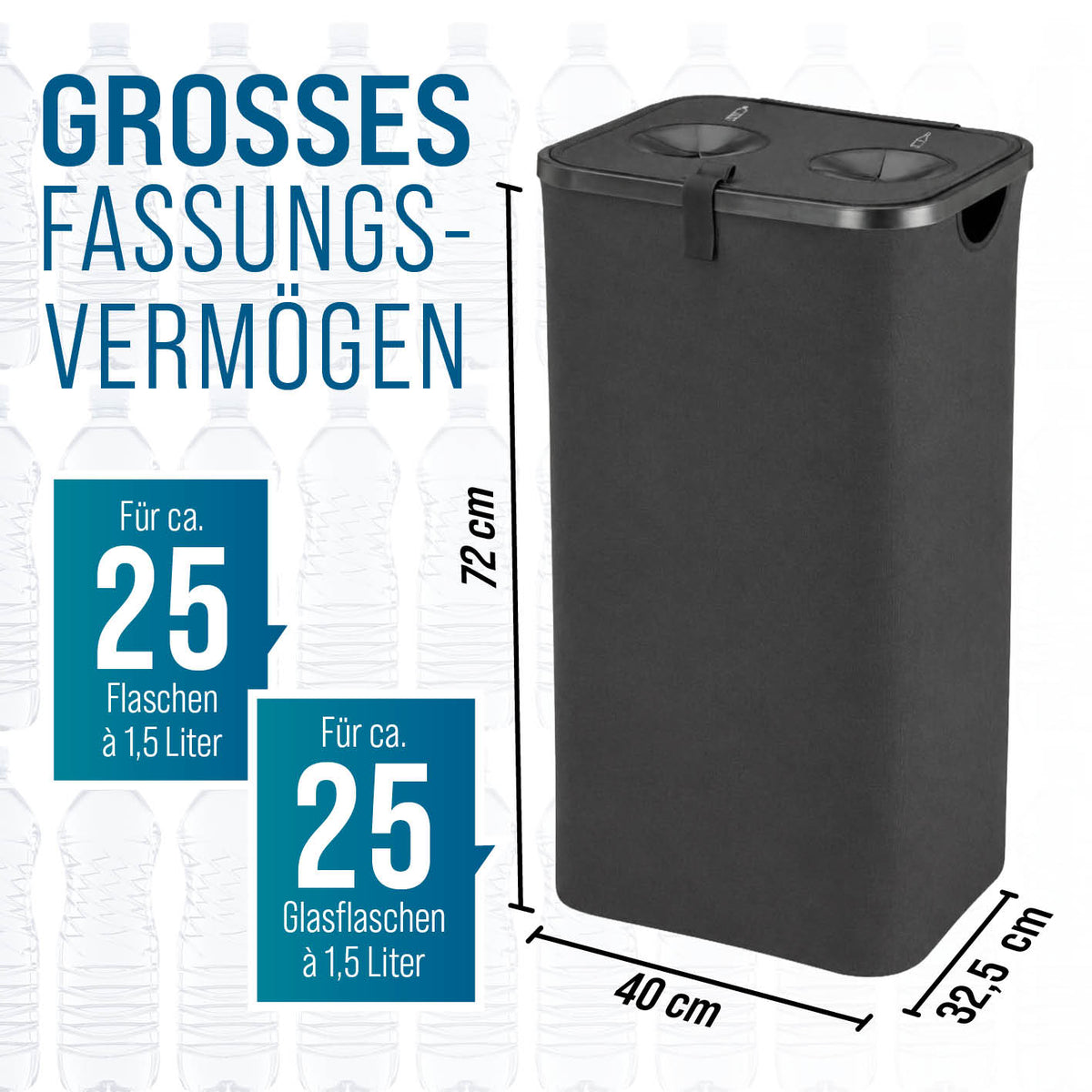 2in1 Glas- & Pfandflaschen-Sammelbehälter als Maßgrafik mit 72 cm Höhe, 40 cm Breite und 32,5 cm Tiefe für je 25 Flaschen