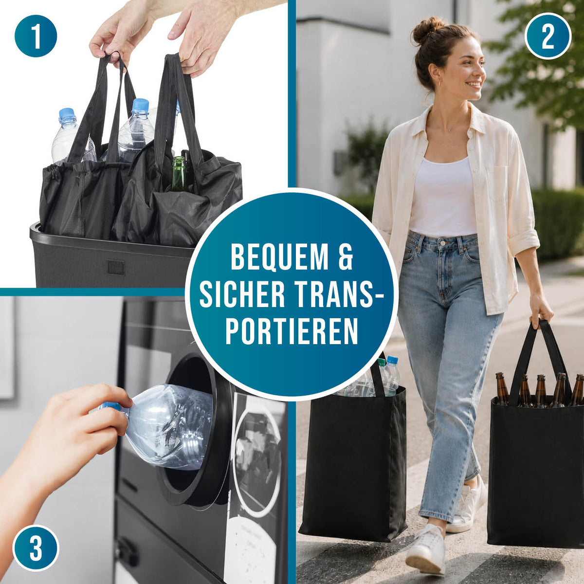 2in1 Glas- & Pfandflaschen-Sammelbehälter für bequemes und sicheres Transportieren von Glasflaschen und Leergut