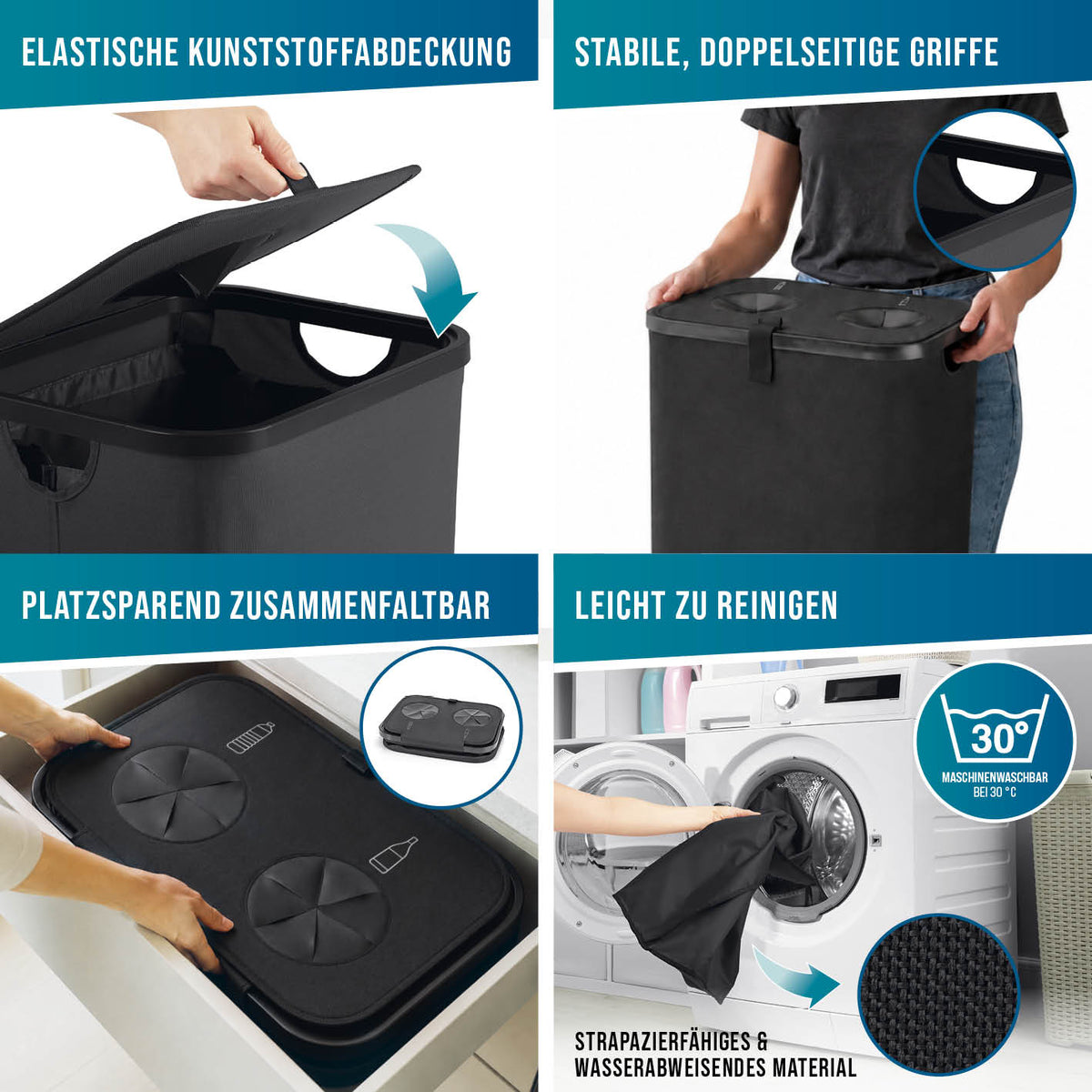 2in1 Glas- & Pfandflaschen-Sammelbehälter mit elastischer Abdeckung, stabilen Griffen, Faltfunktion und wasserabweisendem Material