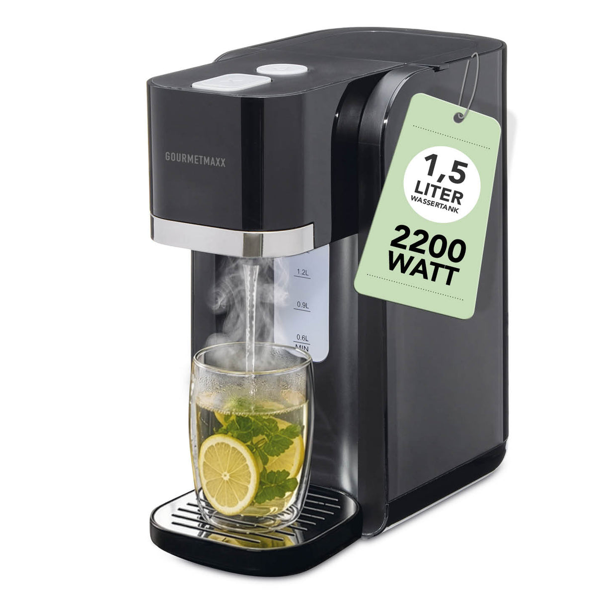 Heißwasserspender - 2200 Watt in Schwarz mit Wassertank und Glas mit Zitronenscheiben