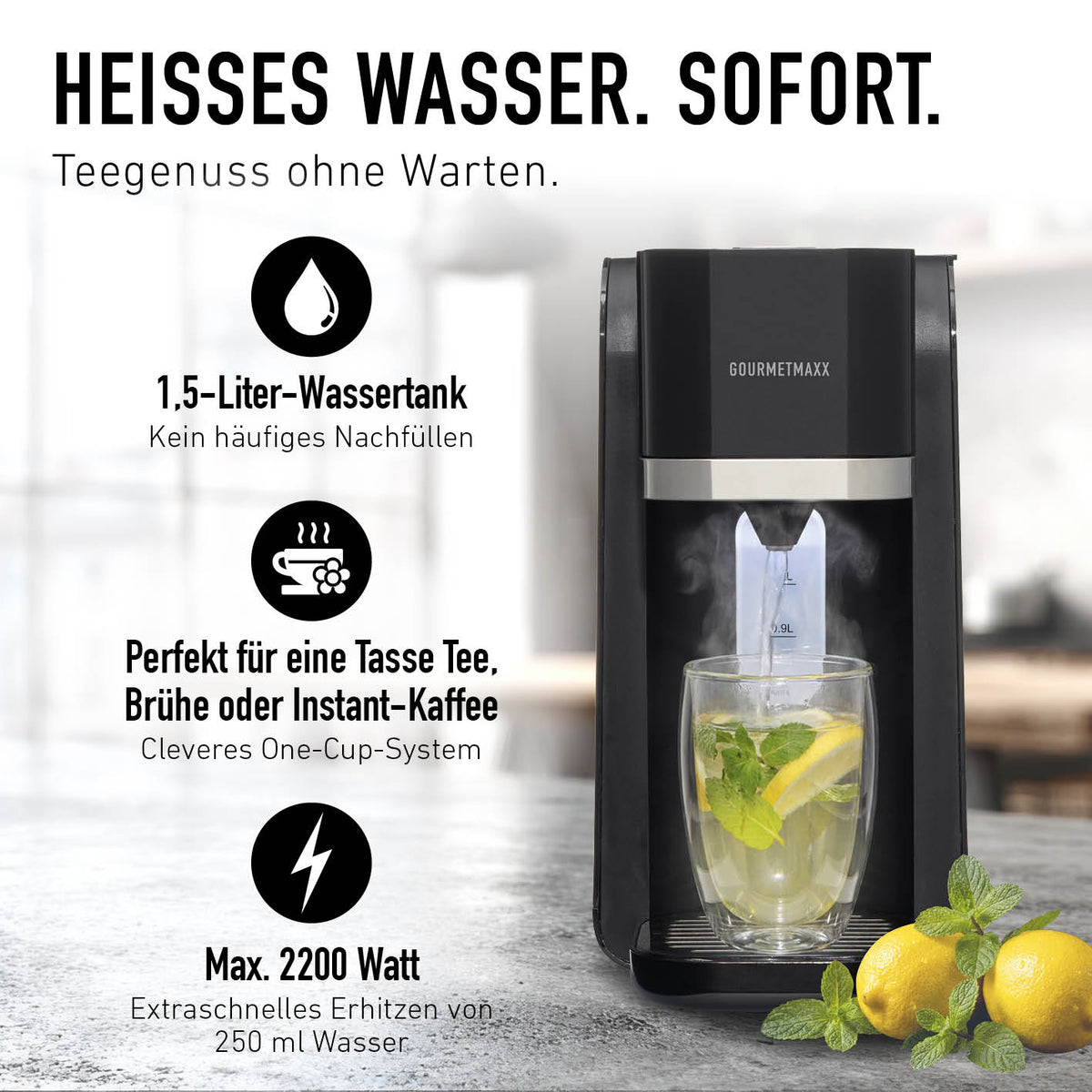 Heißwasserspender - 2200 Watt mit 1,5 Liter Wassertank für Tee Brühe und Instant Kaffee mit schneller Ausgabe von 250 ml Wasser