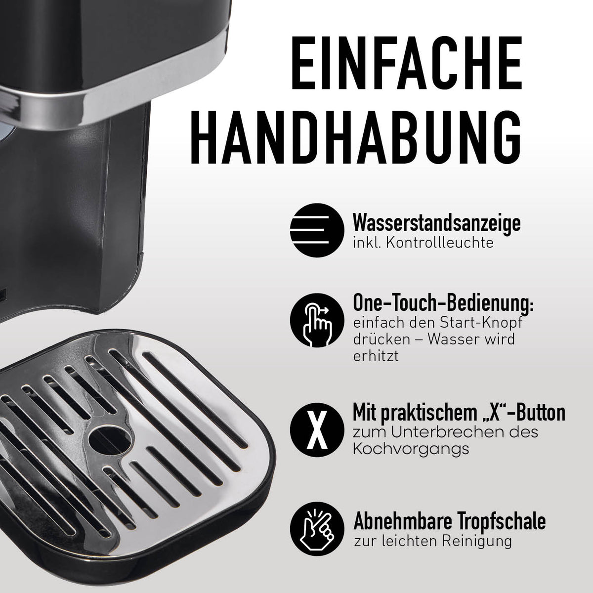 Infografik zum Heißwasserspender - 2200 Watt mit Wasserstandsanzeige One-Touch-Bedienung X-Button und abnehmbarer Tropfschale