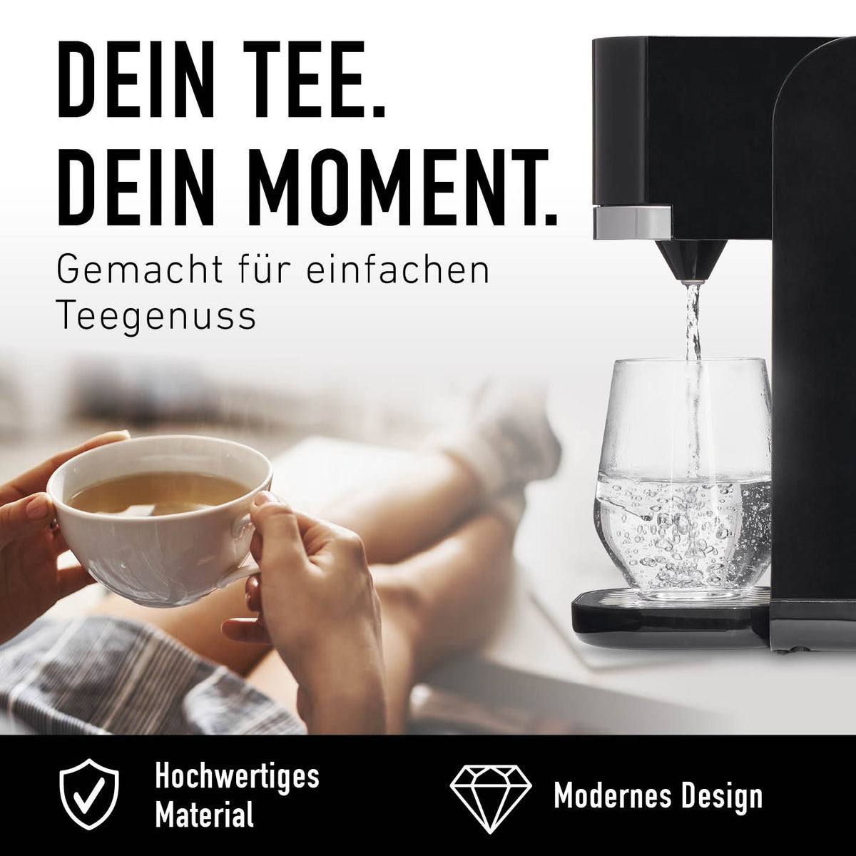 Heißwasserspender - 2200 Watt spendet Wasser in ein Glas neben einer Teetasse und überzeugt mit modernem Design