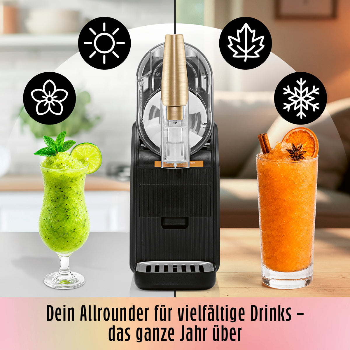 FreezeUp Slush Eis Maschine mit grünen und orangefarbenen Slush-Drinks für jede Jahreszeit