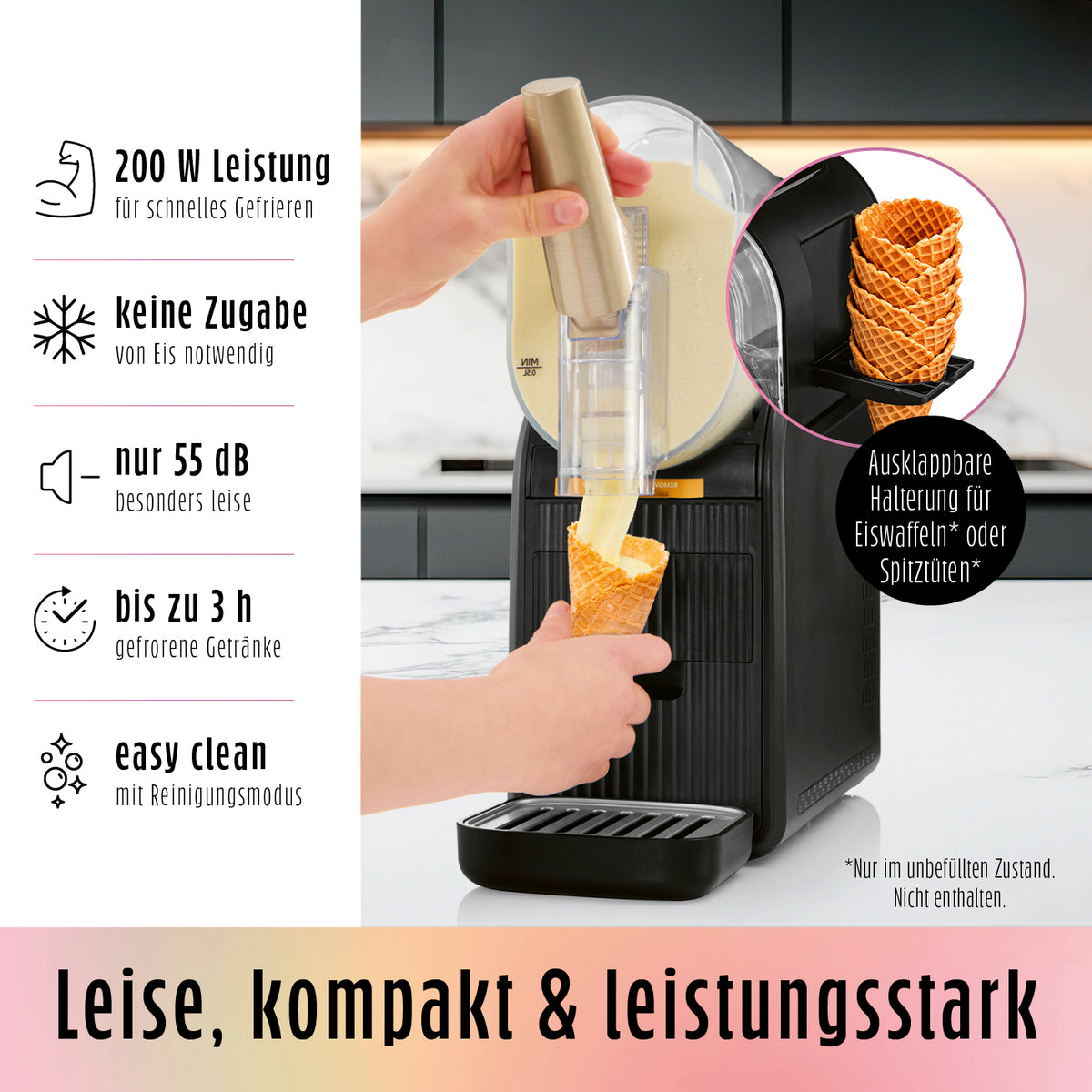 Infografik zur FreezeUp Slush Eis Maschine mit 200 W und 55 dB. Bis zu 3 Stunden gefrorene Getränke und ausklappbare Waffelhalterung