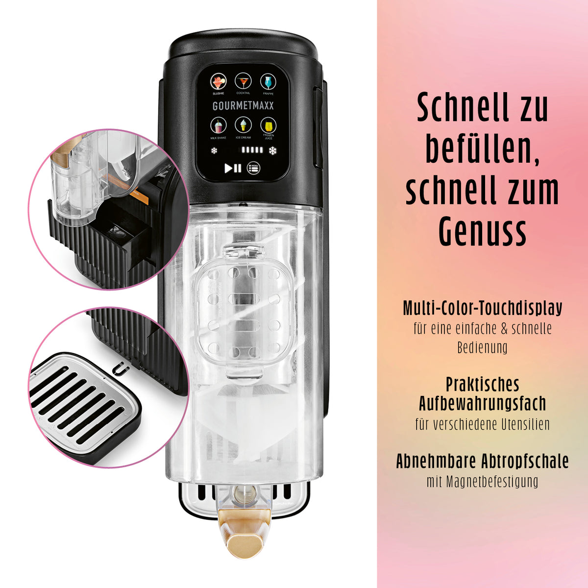 FreezeUp Slush Eis Maschine mit Multicolor Touchdisplay Auffangfach und abnehmbarer Abtropfschale
