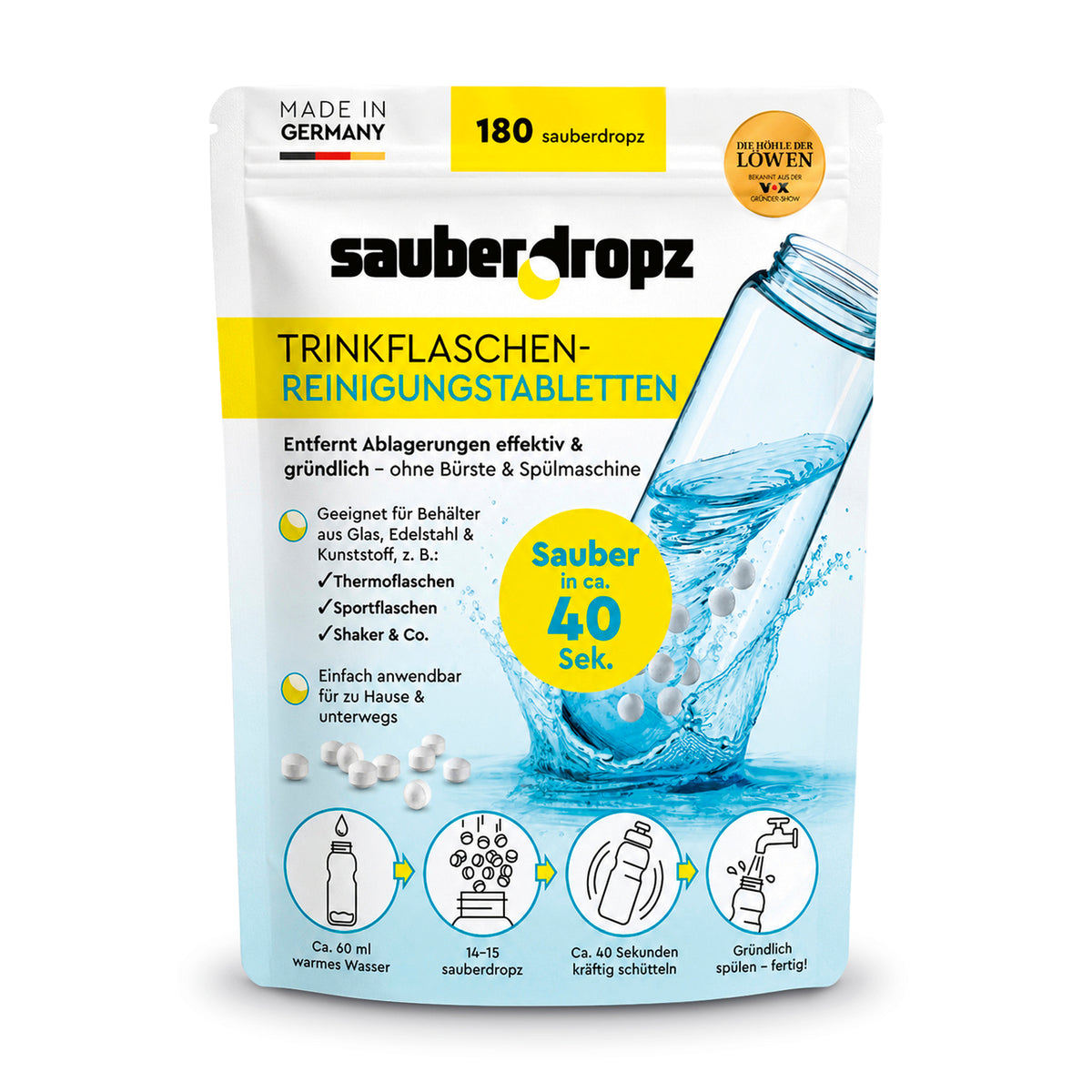Reinigungstabletten mit sauberDROPZ-Effekt - 180 Tabs im Beutel zur Reinigung von Trinkflaschen