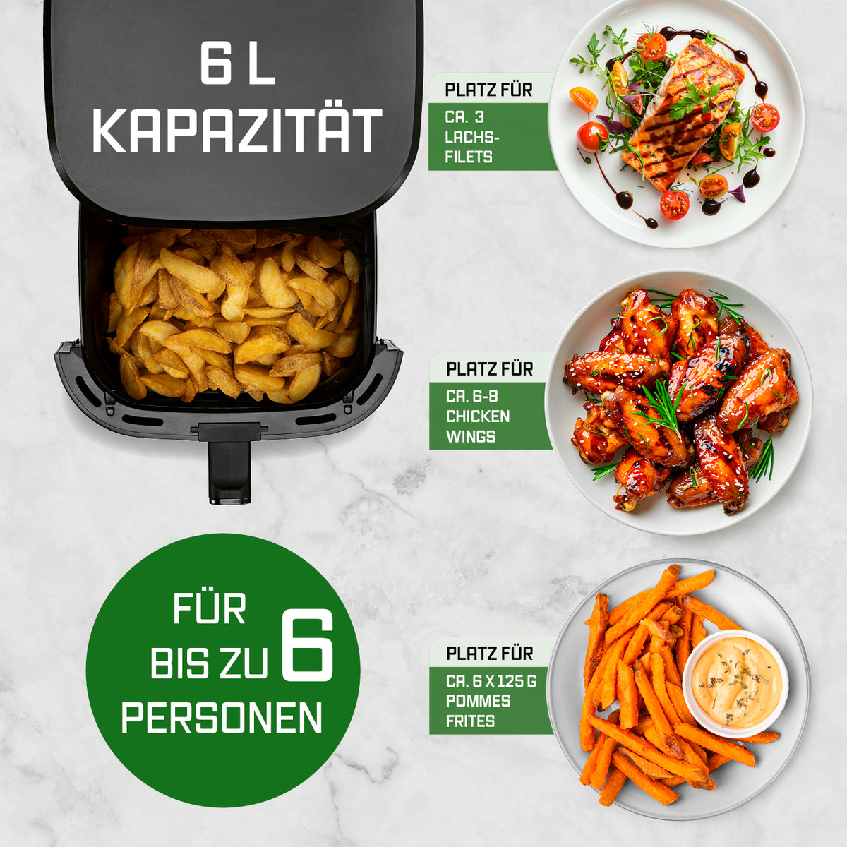 Heißluftfritteuse 6,5 Liter mit 6 L Kapazität für bis zu 6 Personen und Platz für Chicken Wings Pommes und Lachsfilets