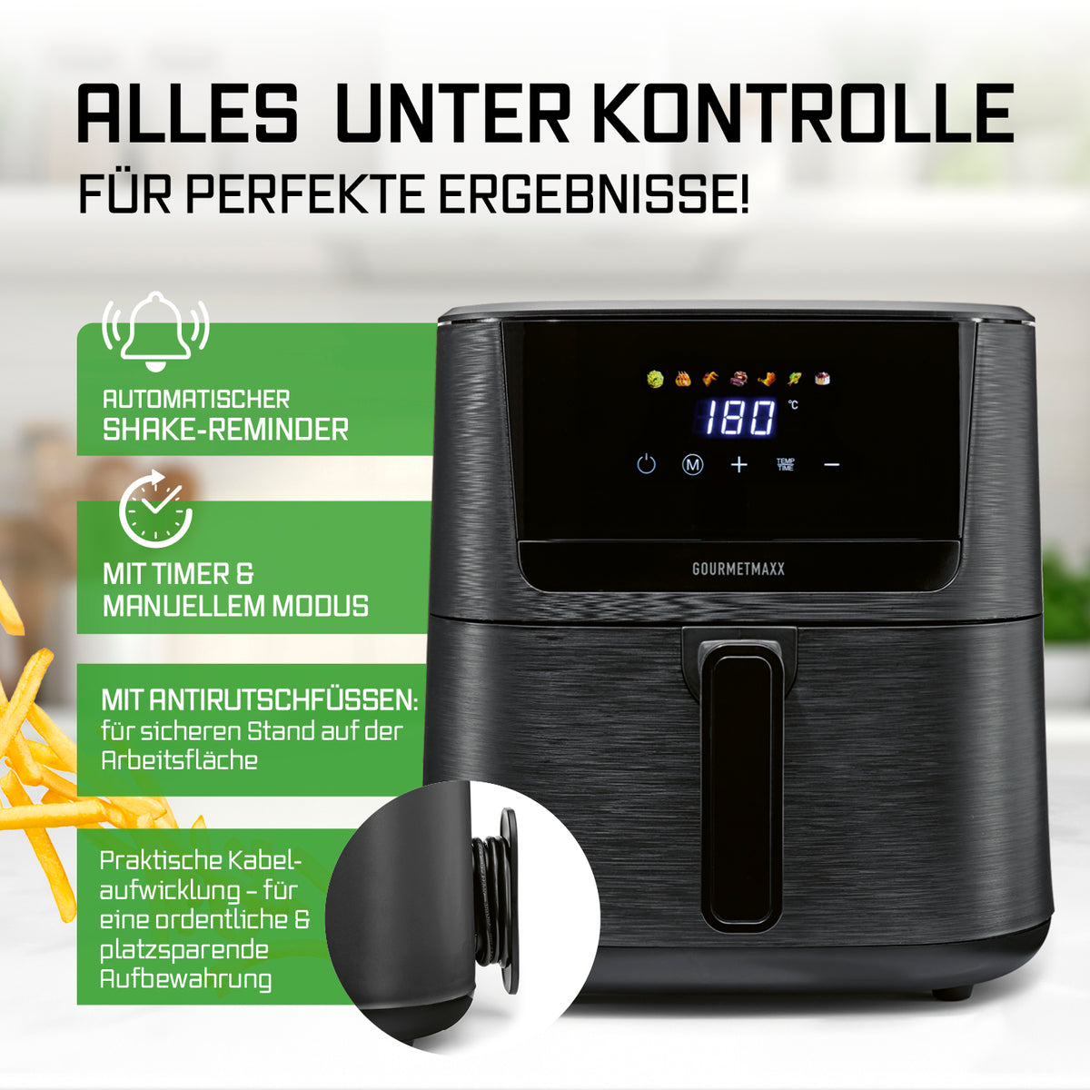 Heißluftfritteuse 6,5 Liter mit digitalem Display automatischer Schüttelerinnerung Timer und praktischer Kabelaufwicklung