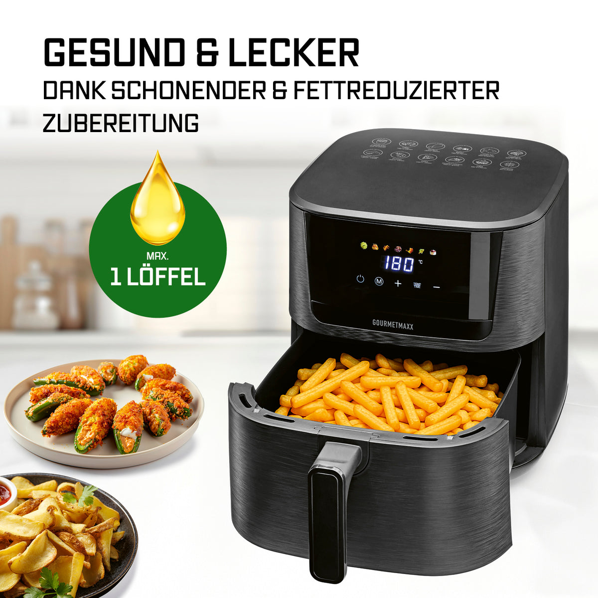 Heißluftfritteuse 6,5 Liter mit geöffnetem Korb voller Pommes und Gemüse für fettarme Zubereitung mit maximal einem Löffel Öl