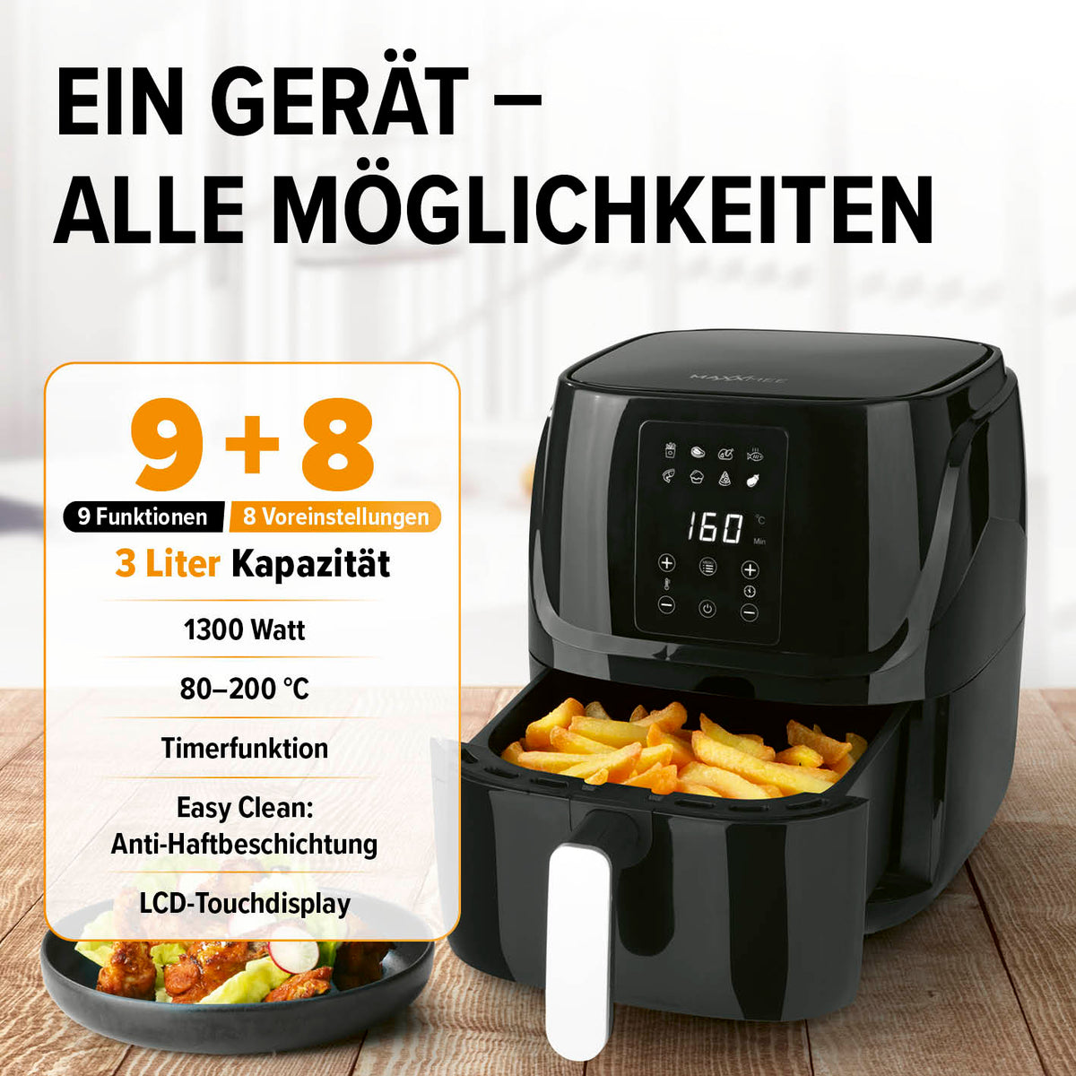 Heißluftfritteuse mit 1300W, 3L, 9 Funktionen, LCD-Touchdisplay, Anti-Haftbeschichtung und Timer für fettarmes Frittieren.