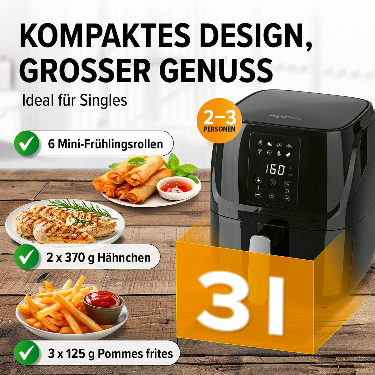 Heißluftfritteuse mit 3 l Volumen, 1300 W, 360°-Luftzirkulation und 9 Funktionen für fettarmes Garen bis zu 2–3 Personen.