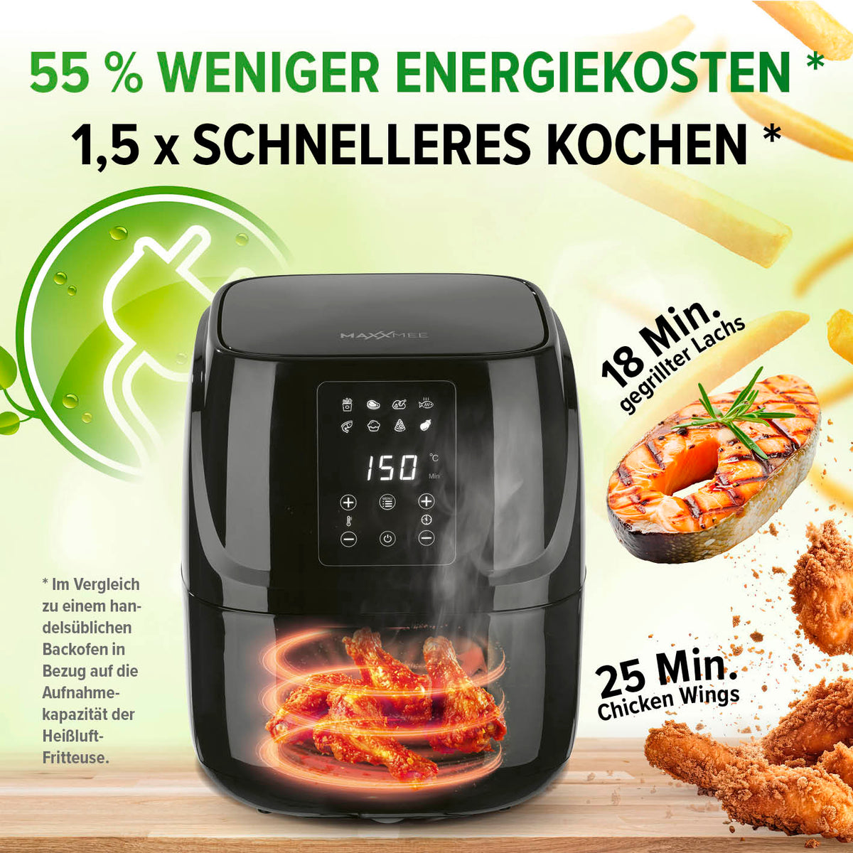 Heißluftfritteuse mit 1300 W, 360°-Luftzirkulation, schnellerem Garen, energiesparend und vielseitig für fettarmes Kochen.
