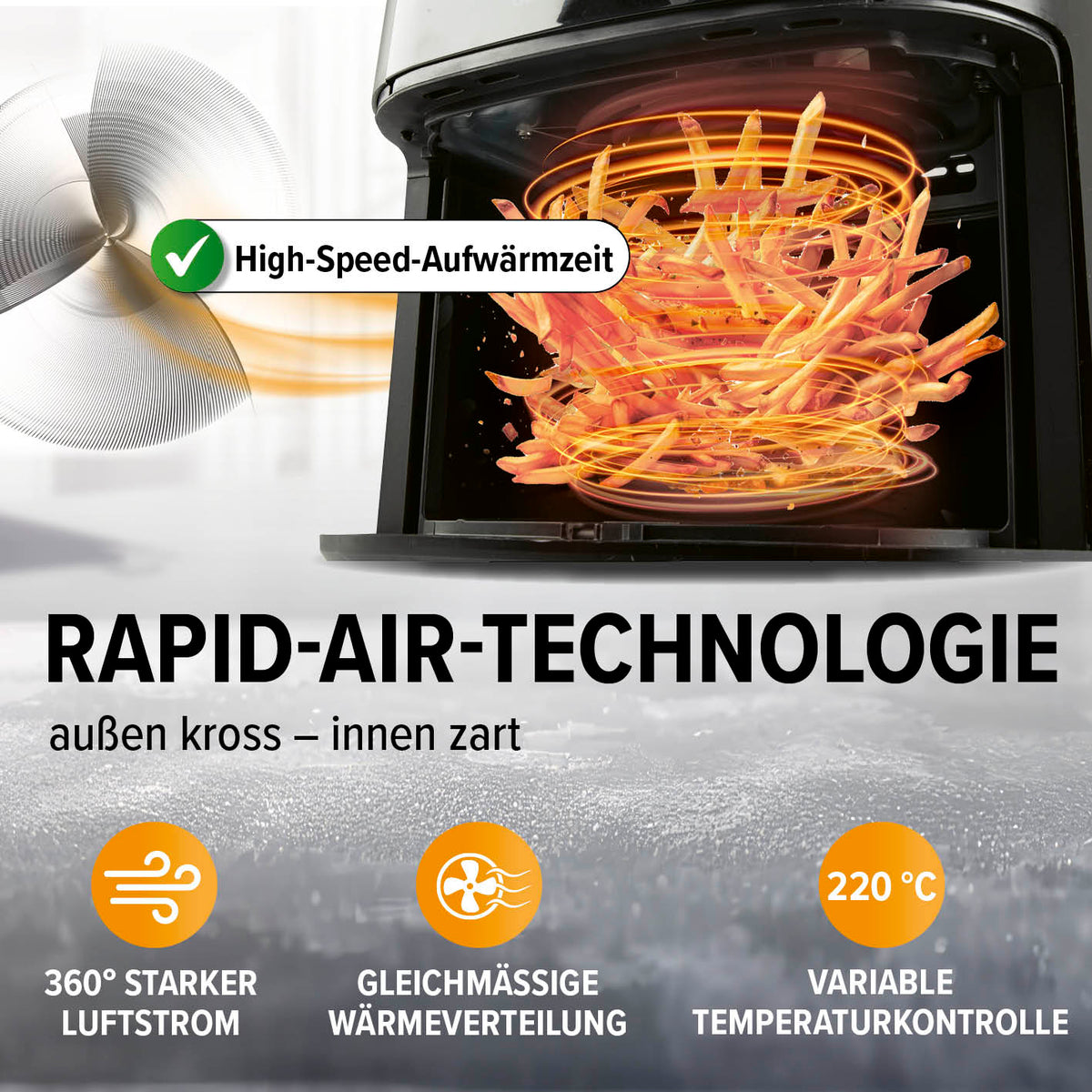 Heißluftfritteuse mit Rapid-Air-Technologie, 360° Luftzirkulation, schneller Aufwärmzeit und variabler Temperaturkontrolle bis 220°C.