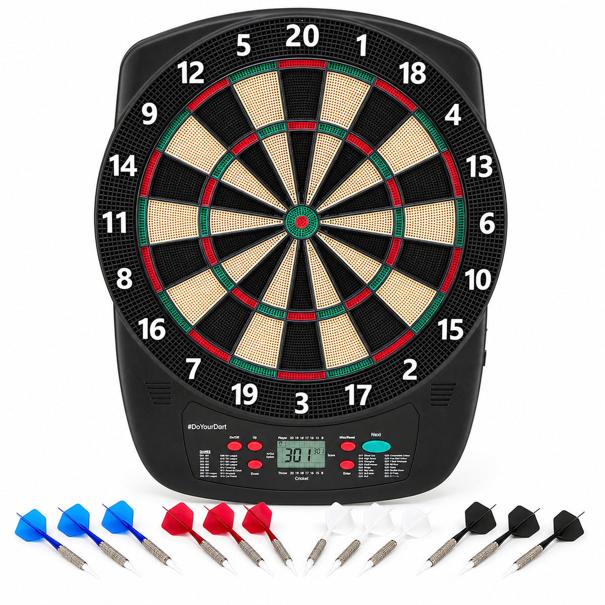 Elektro-Dartscheibe - inkl. 12 Darts mit Flights mit schwarzer Dartscheibe und Dartpfeilen in Blau Rot Weiß und Schwarz
