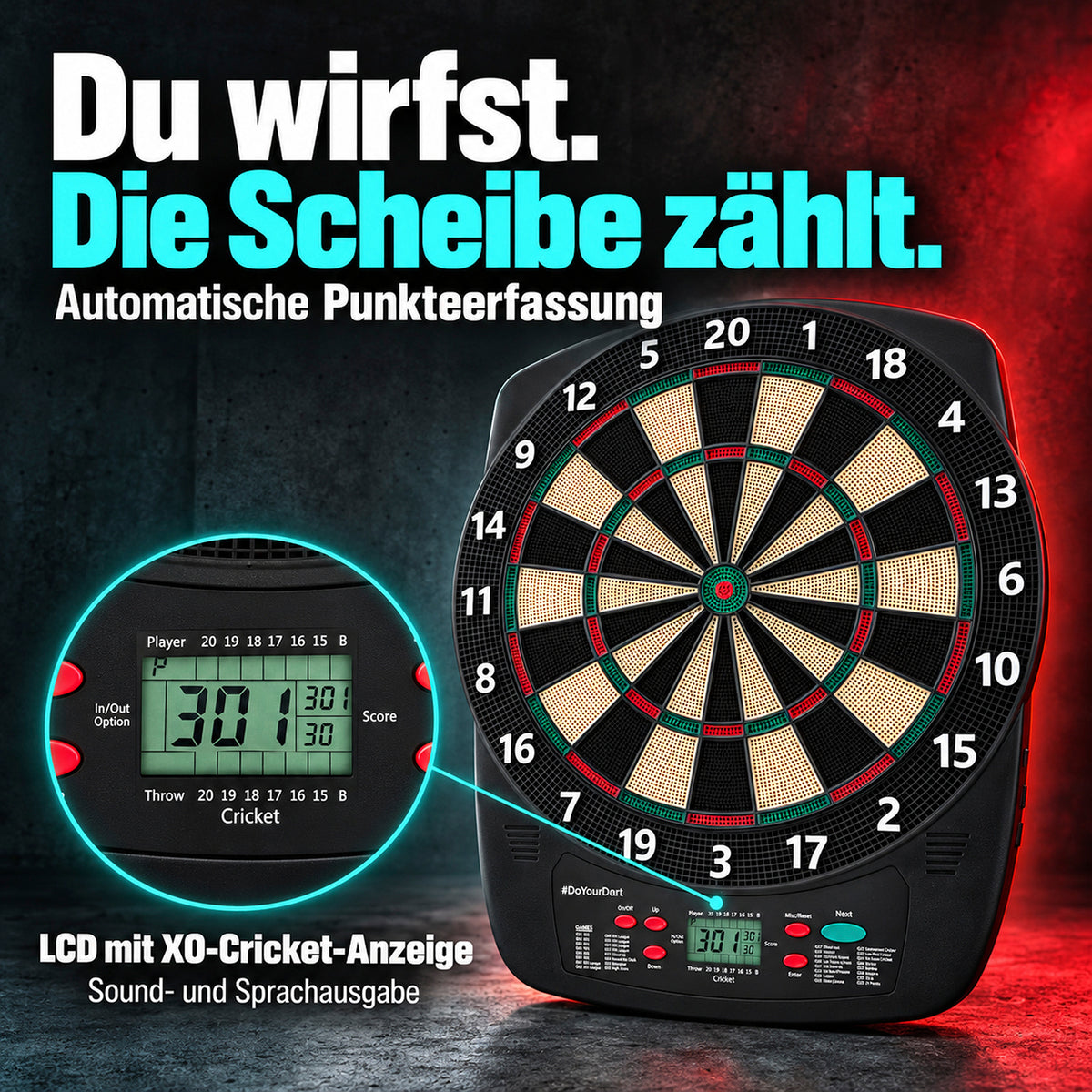 Elektro-Dartscheibe - inkl. 12 Darts mit Flights mit LCD-Anzeige und automatischer Punkteerfassung beim Dartspiel