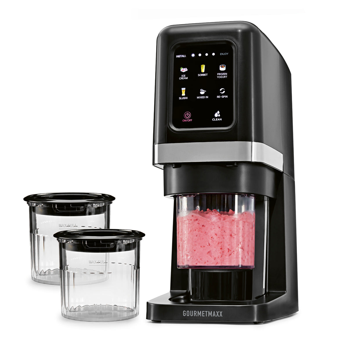 SmoothUp Touch Eismaschine + 3 Eisbecher in Schwarz mit pinkem Eis und digitalem Bedienfeld