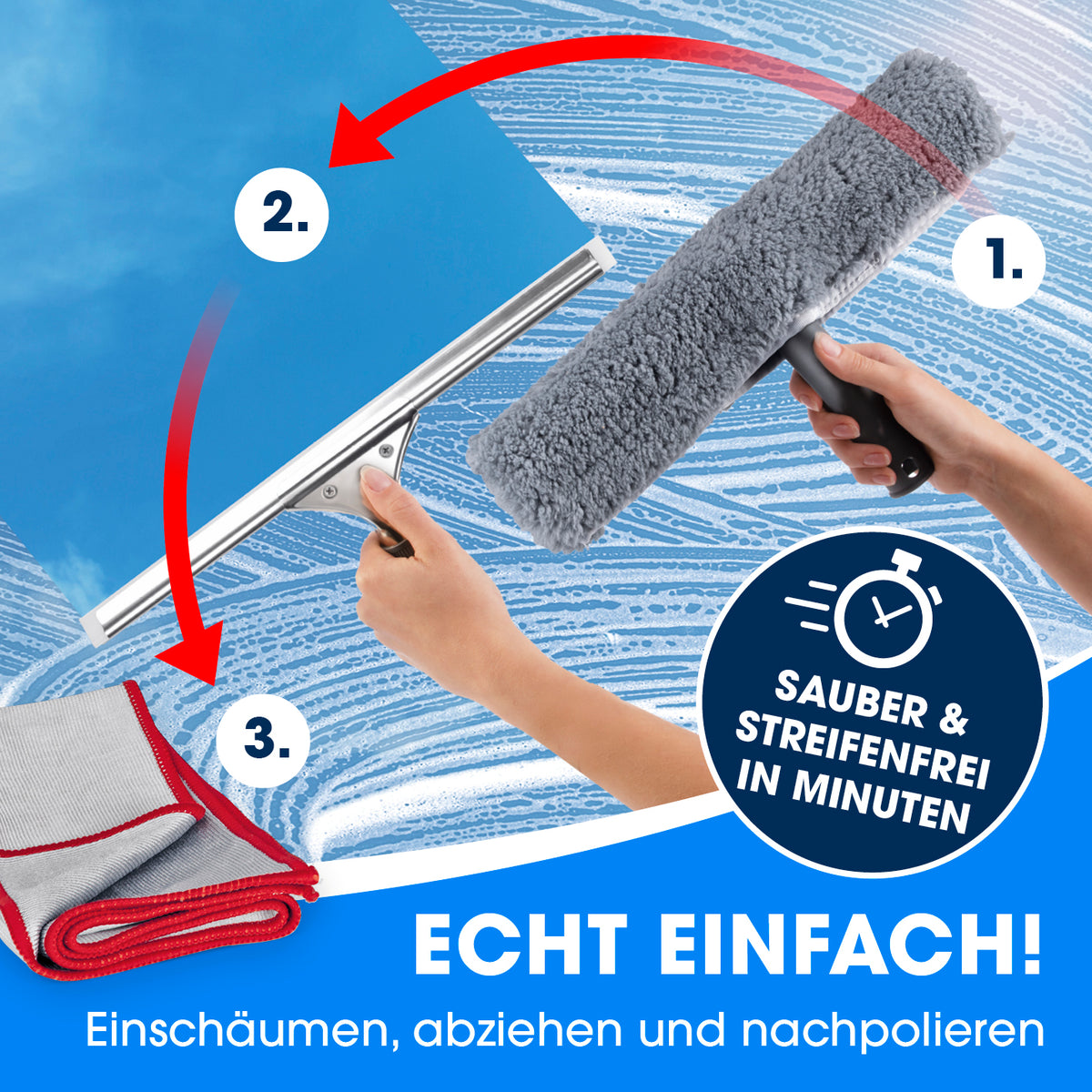 Fensterreiniger-Set - 8-tlg. - Grau/Rot beim Reinigen von Fenstern mit Einwascher, Abzieher und Mikrofasertuch