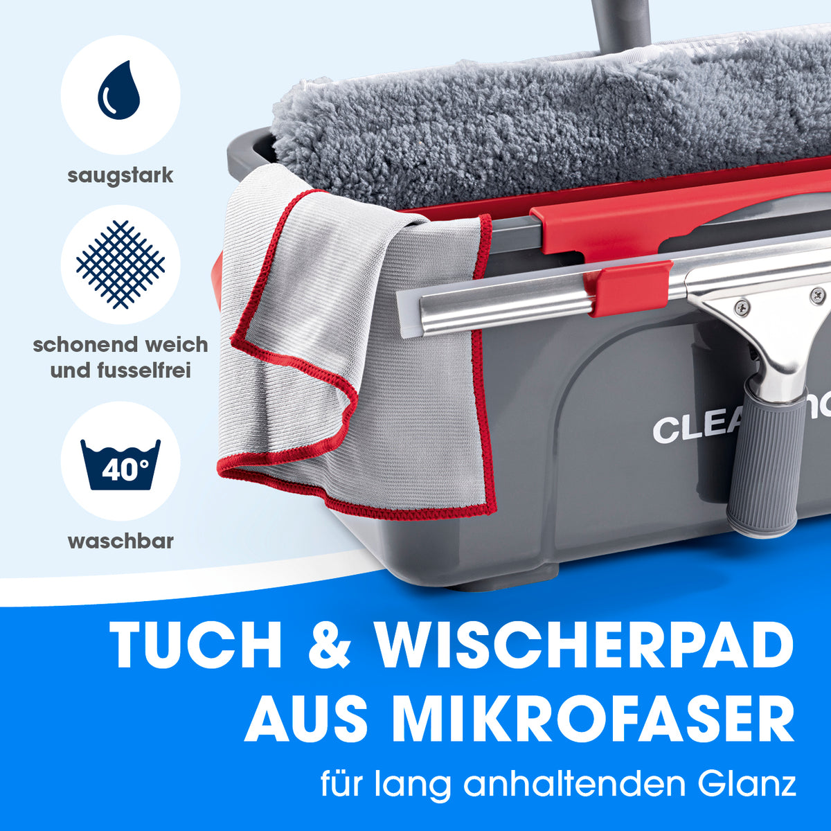 Fensterreiniger-Set - 8-tlg. - Grau/Rot mit grauem Mikrofaserpad und rotem Wischer