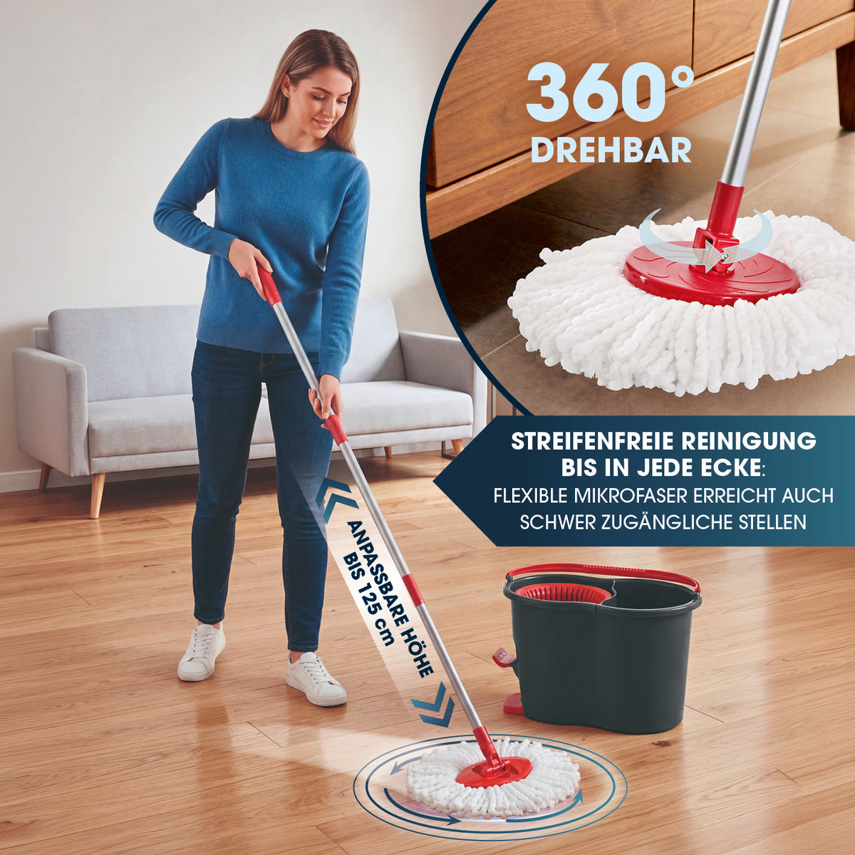 Power-Wischmopp + Aufsatz 2er-Set mit 360° drehbarem Mopkopf, flexibel, für streifenfreie Reinigung auch schwer erreichbarer Ecken.
