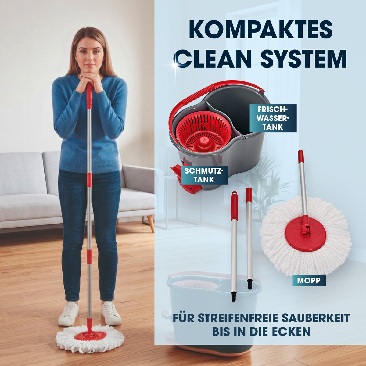 Power-Wischmopp + Aufsatz 2er-Set mit Eimer, separatem Frisch- und Schmutzwassertank, für gründliche Reinigung bis in die Ecken.