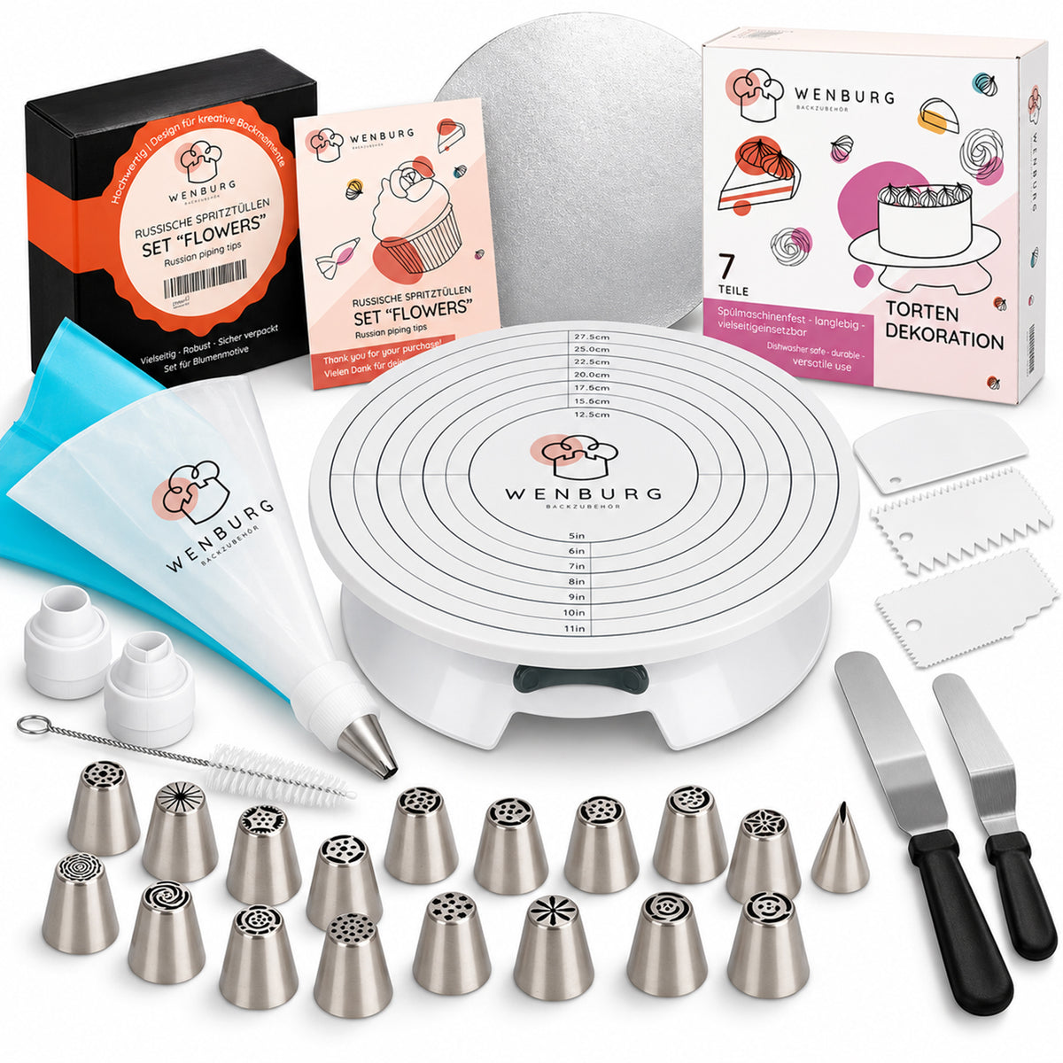 Tortendeko-Set Premium Deluxe mit drehbarer Tortenplatte Spritzbeuteln Edelstahltüllen und Tortenschabern