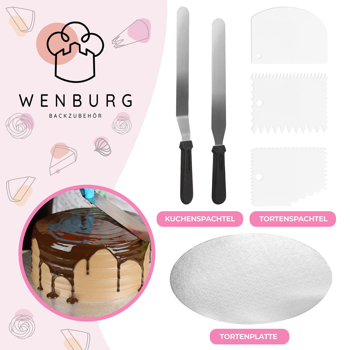 Tortendeko-Set Premium Deluxe mit Küchenspateln Tortenschabern und Tortenplatte beim Verzieren einer Schokoladentorte