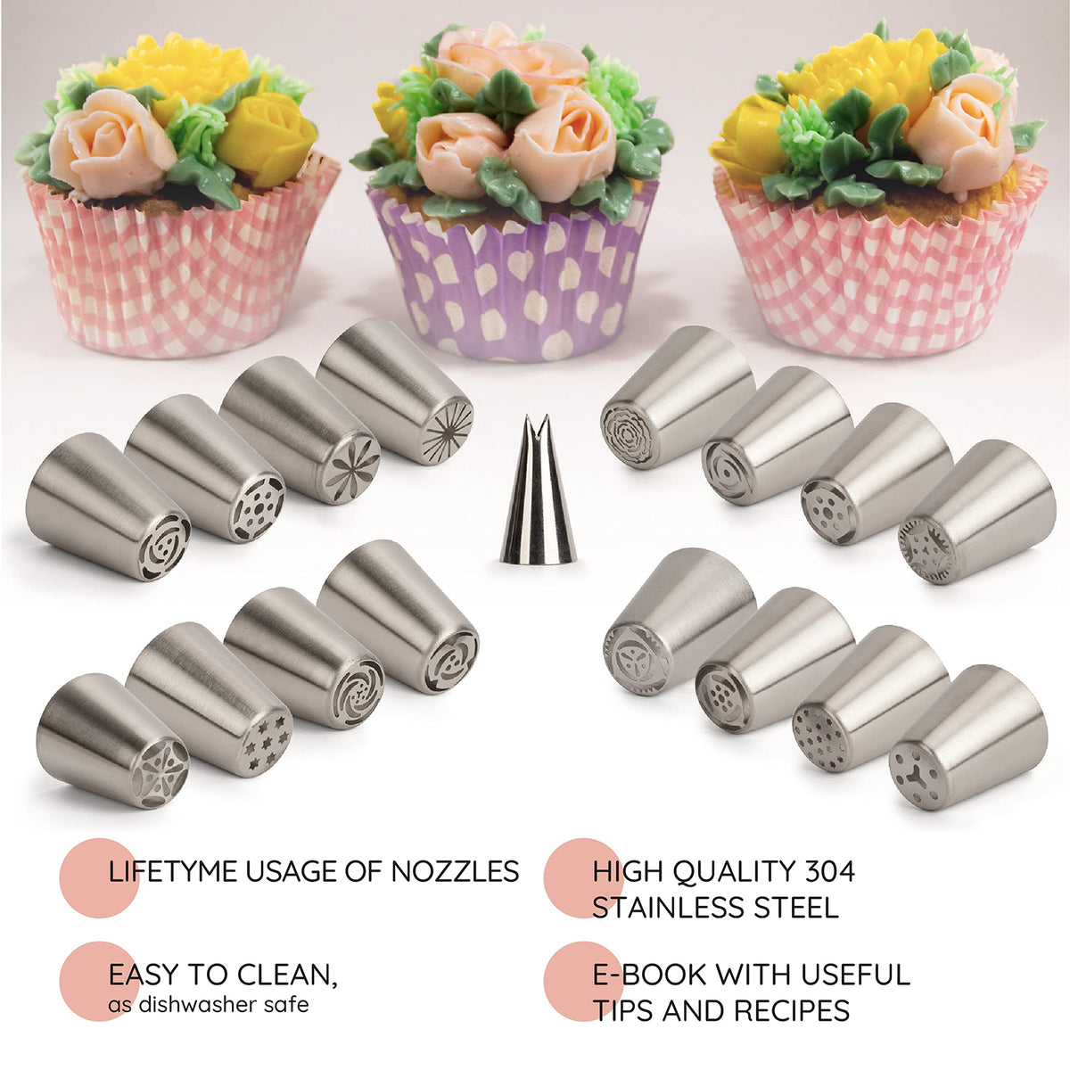 Tortendeko-Set Premium Deluxe mit Edelstahltüllen und drei floral verzierten Cupcakes für detailreiche Tortendekoration