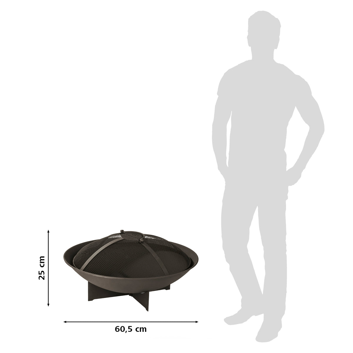Feuerkorb - 60,5 cm - schwarz, pulverbeschichtet, wetterfest, stabiler Sockel, mit Funkenschutzgitter und Tragegriff für sicheren Schutz.