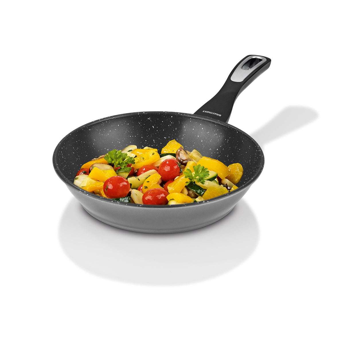 Keramik-Pfanne - 24 cm - Anthrazit mit buntem Gemüse und schwarzem Griff