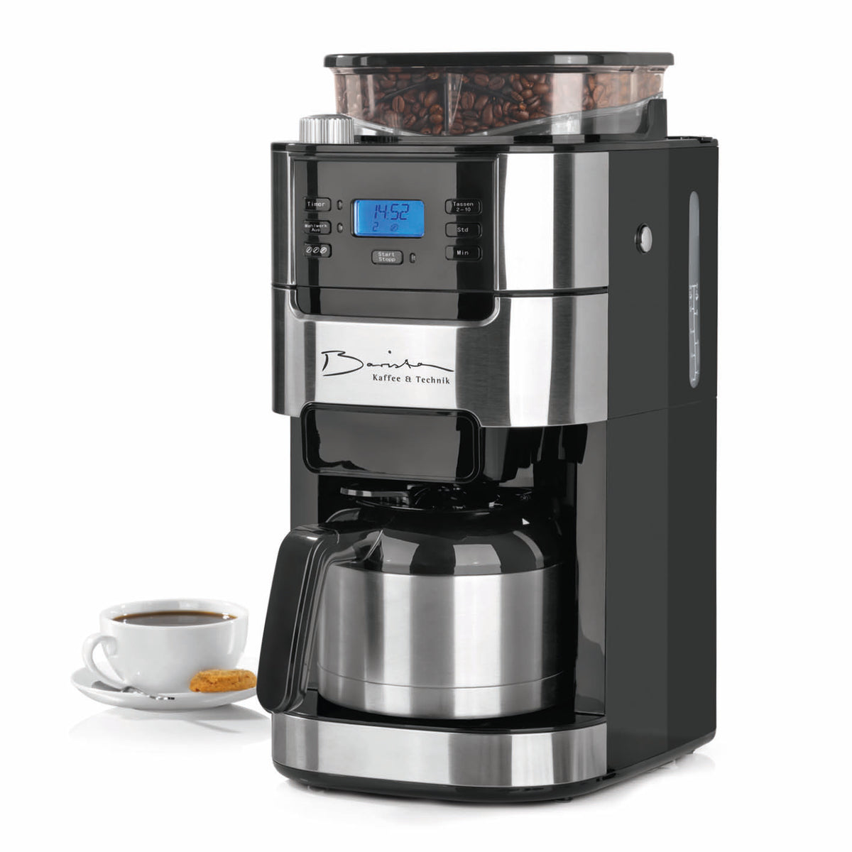 Kaffeemaschine mit Mahlwerk mit Isolierkanne - 1000 Watt - Edelstahl/schwarz mit Bohnenbehälter und digitalem Display