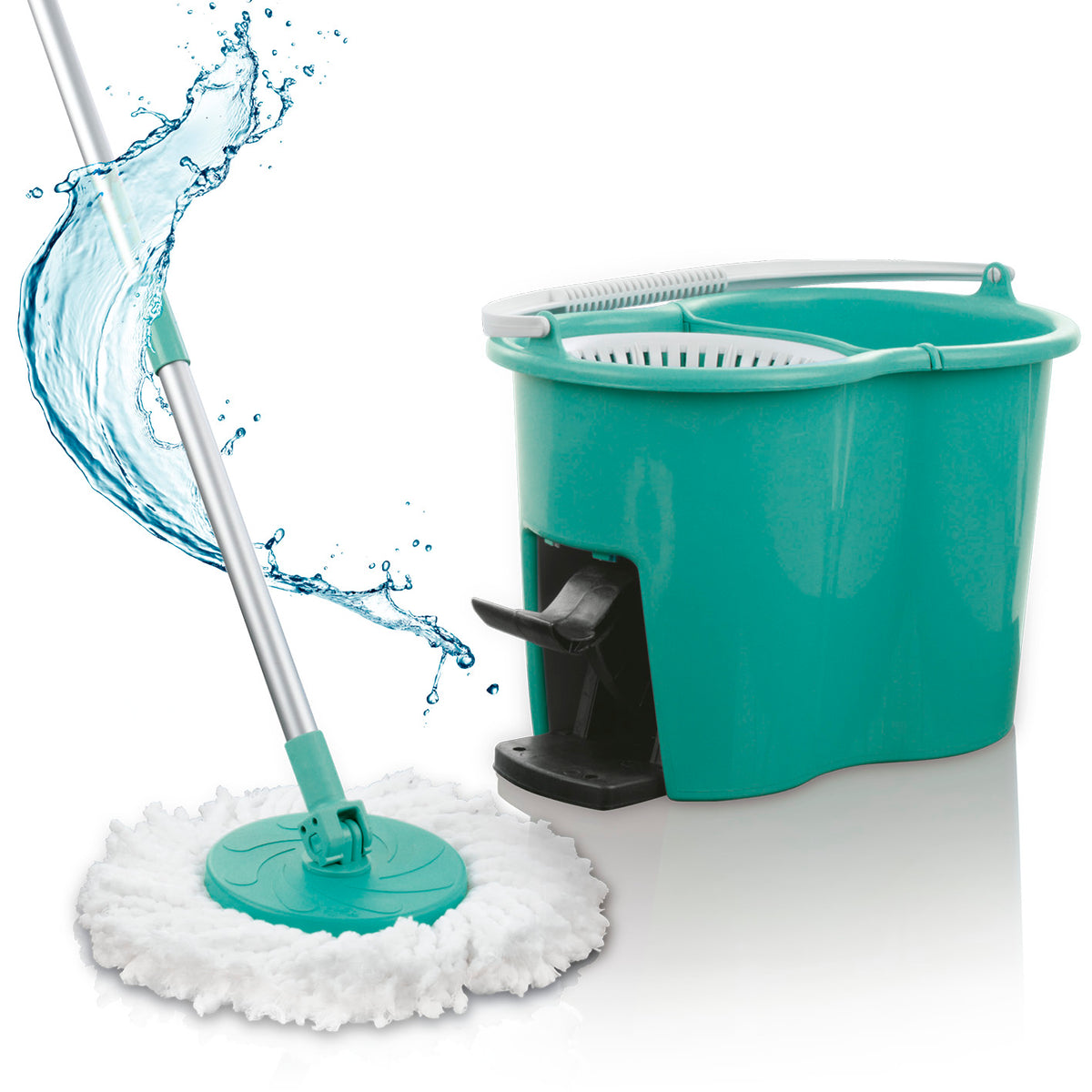 Power-Wischmopp - Zwei-Kammer-Filtersystem - türkis mit Fußpedal, drehbarem Mop-Kopf und hochwertigem Mikrofasertuch für effizientes Reinigen.