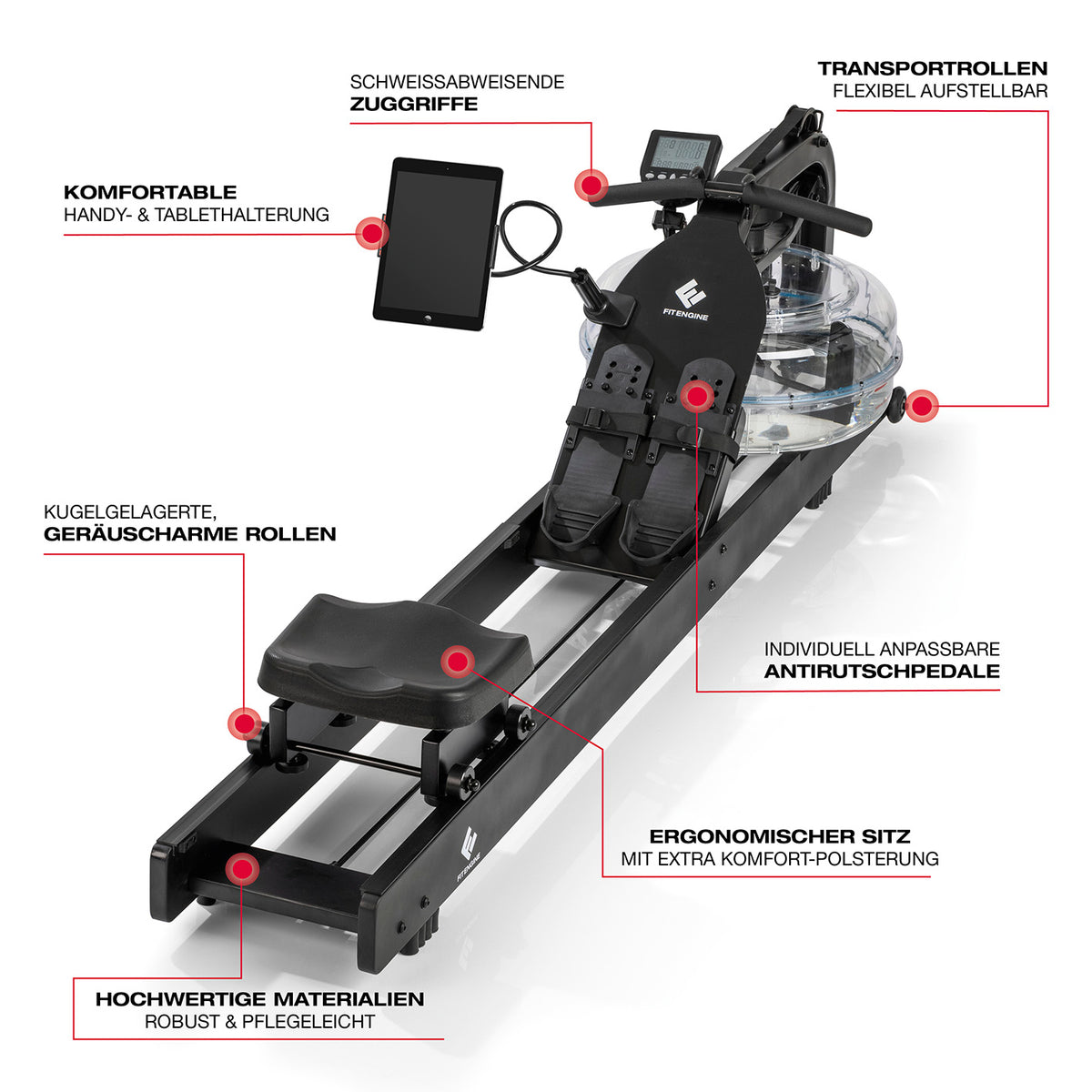 Wasser-Rudergerät Smart - schwarz mit ergonomischem Sitz, Antirutschpedale, Transportrollen und kompatibel für Trainings-Apps zuhause.