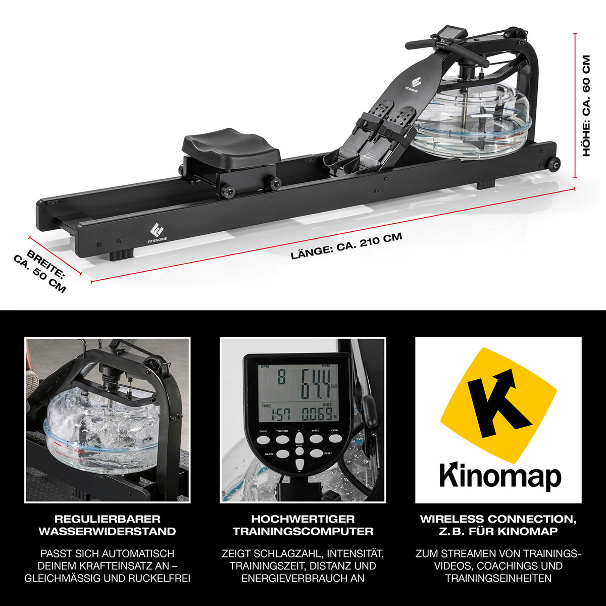 Wasser-Rudergerät Smart - schwarz mit regulierbarem Wasserwiderstand, Trainingscomputer und Kinomap-kompatibler Wireless-Verbindung.