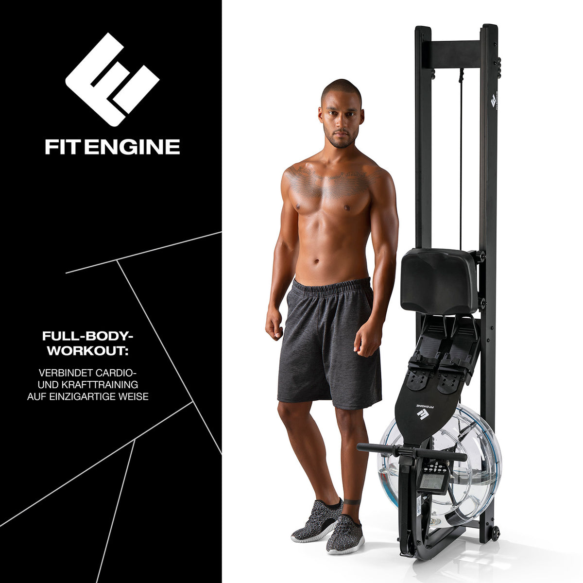 Mann neben Wasser-Rudergerät Smart - schwarz, ideal für intensives Full-Body-Workout im Home-Gym mit kabelloser App-Verbindung.
