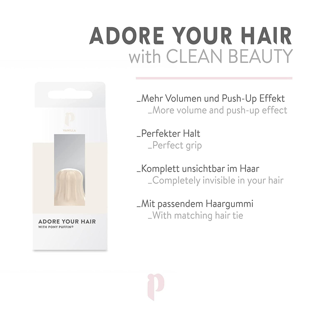 Haarstütze vanilla 3,5cm creme Verpackung mit Hinweis auf Volumen, Push-Up-Effekt, perfekten Halt und unsichtbare Anwendung im Haar.